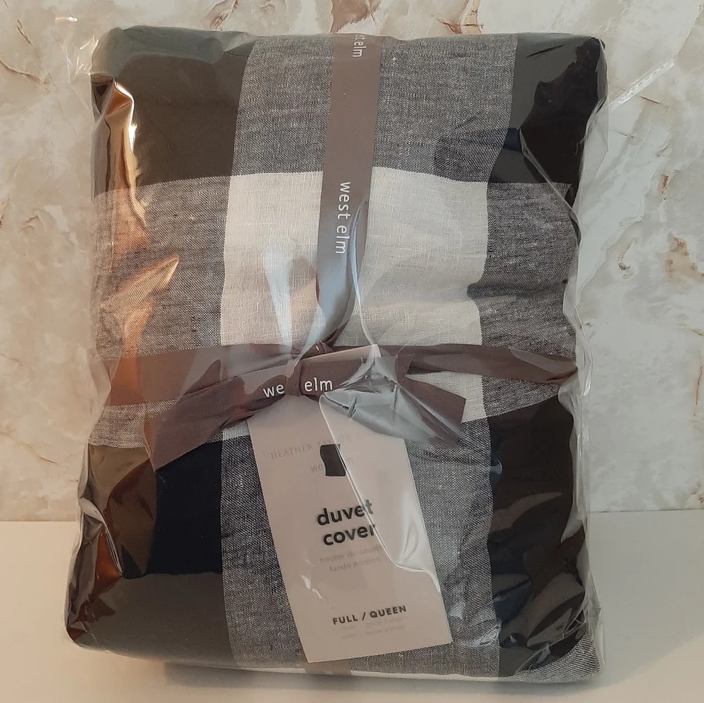 West Elm Heather Taylor Home Gingham Full Queen Linen Duvet Cover Midnight